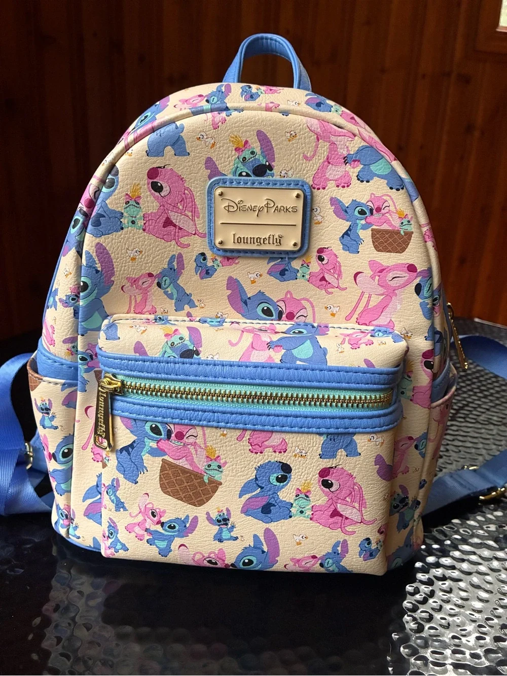 Disney parks Loungefly Cream Pink & Blue Lilo & Stitch angel Mini Backpack